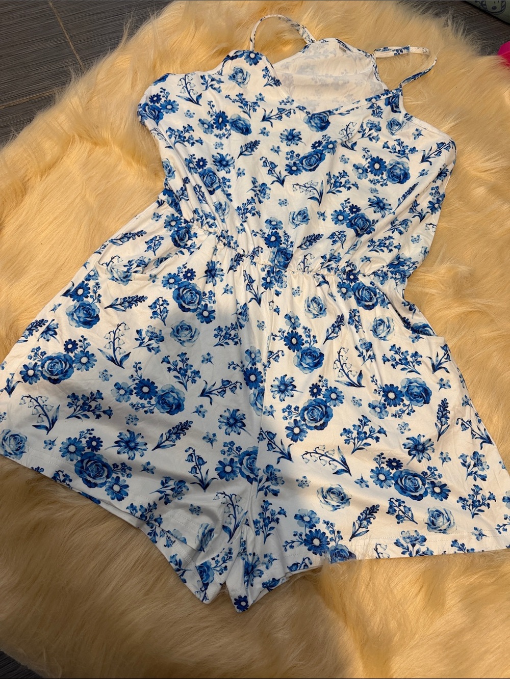 White & Blue Floral Romper with Adjustable Straps size L